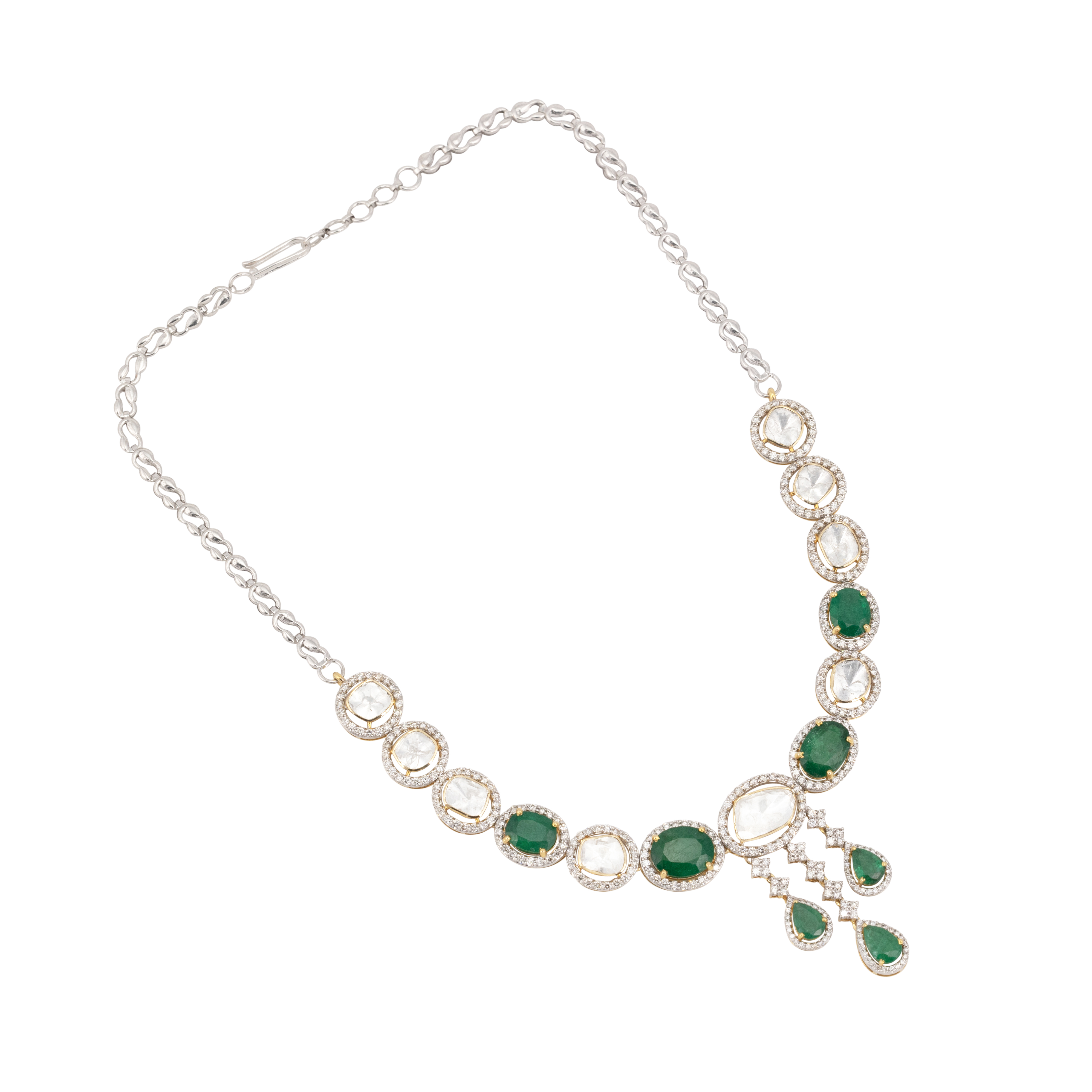 Polki and Zambian Emerald Necklace with Cascading Drops
